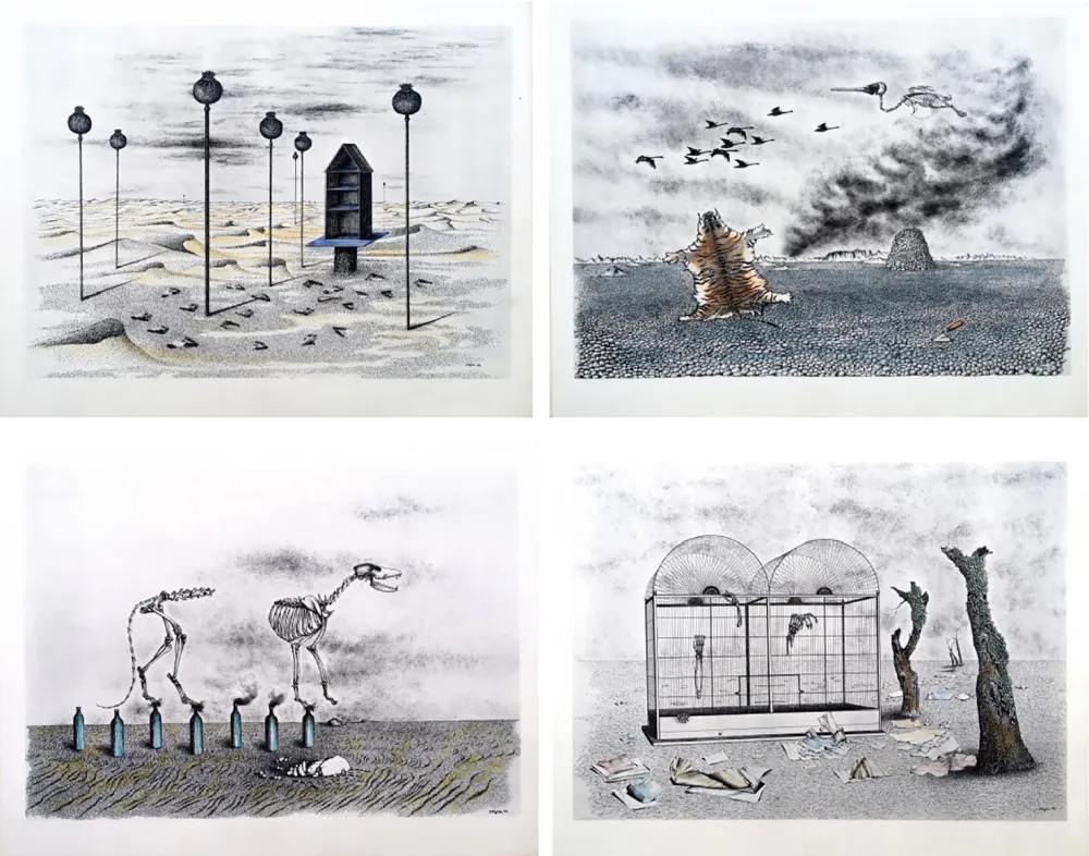 Livro Ilustrado Toyen - Jindrich Heisler : CACHE-TOI GUERRE ! Cycle de Neuf Dessins. 1944. Ex. aquarellé.