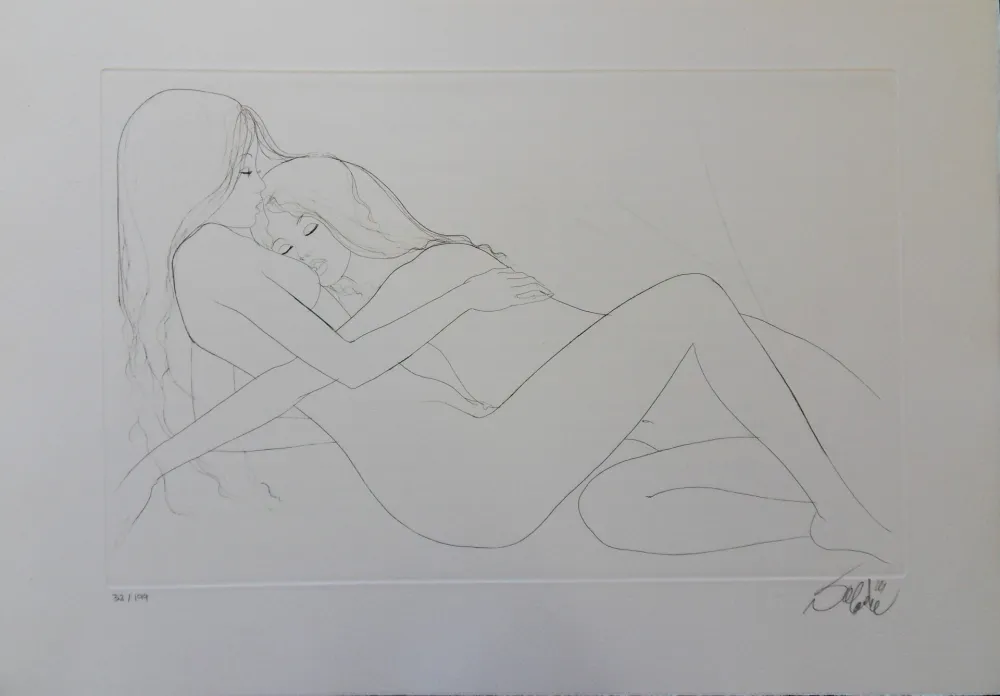 Gravura Valadie - Endormies l'une contre l'autre