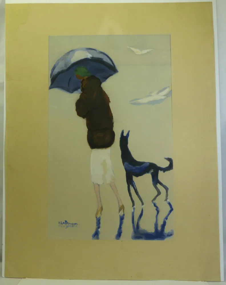 Estêncil Van Dongen - Femme au chien marchant sur la plage.