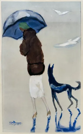 Estêncil Van Dongen - Woman with a dog on the Beach
