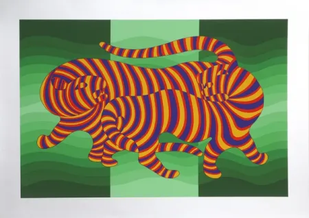 Serigrafia Vasarely - Two Tigers on Green