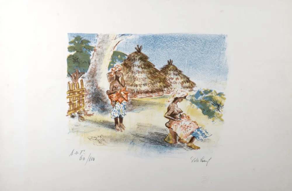 Litografia Villeboeuf  - Deux femmes africaines au village, c.1970, Hand-signed!